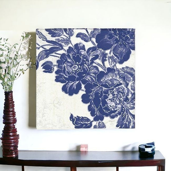 Homeroots Blue Toile Rose Unframed Print Wall Art  Polyester 399025