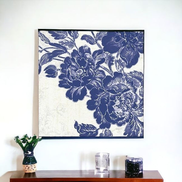 Homeroots Blue Toile Rose Unframed Print Wall Art  Polyester 399026