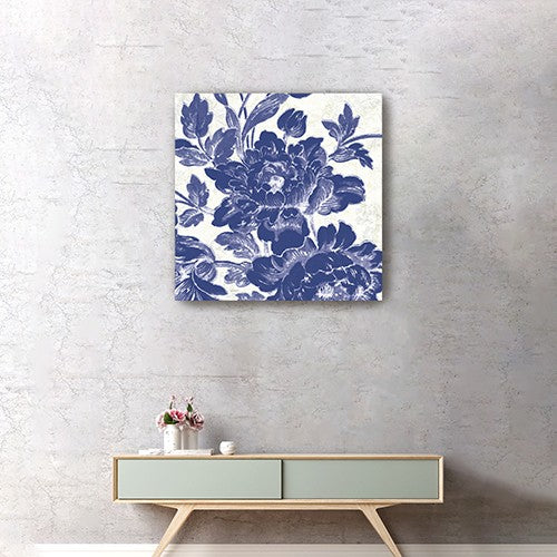Homeroots Blue Toile Roses Unframed Print Wall Art  Polyester 399027