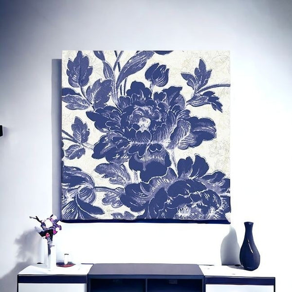 Homeroots Blue Toile Roses Unframed Print Wall Art  Polyester 399027
