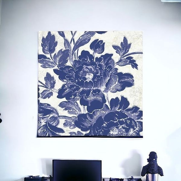 Homeroots Blue Toile Roses Unframed Print Wall Art  Polyester 399029