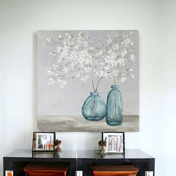 Homeroots White Spring Flowers Unframed Print Wall Art  Polyester 399062