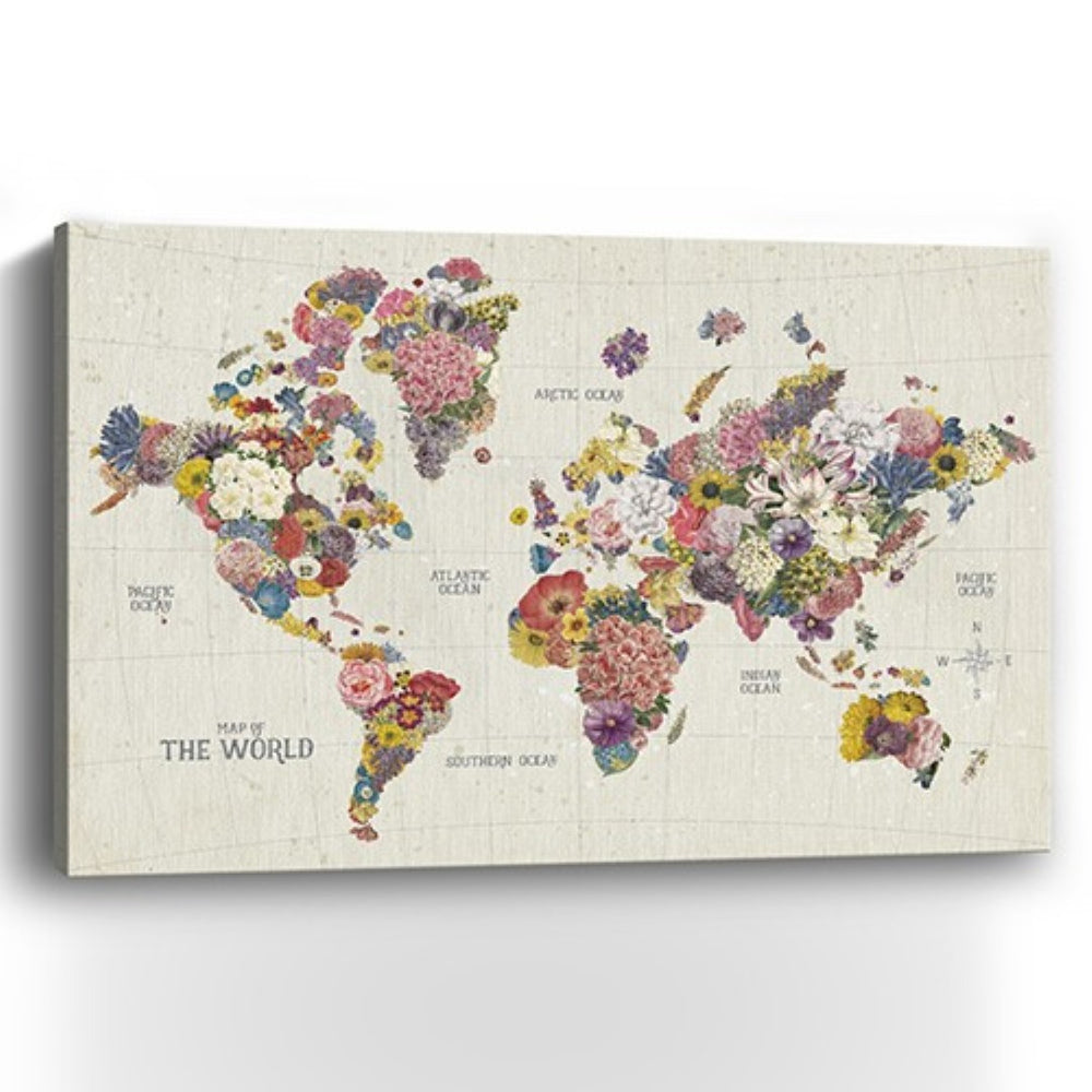 HomeRoots 24" Fun Floral World Map Canvas Art - Vibrant Contemporary Décor for Home, Office, and Studios 24"x36" 399064