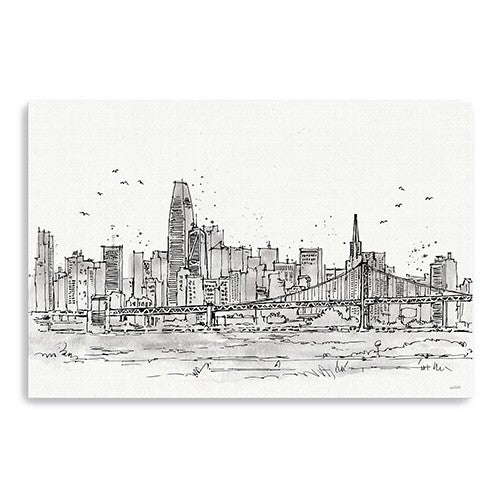 Homeroots Monochrome City Skyline Sketch Unframed Print Wall Art  Polyester 399075