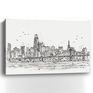 Homeroots Monochrome City Skyline Sketch Unframed Print Wall Art  Polyester 399075