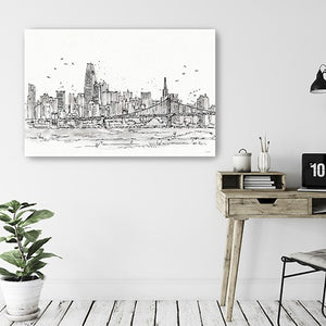 Homeroots Monochrome City Skyline Sketch Unframed Print Wall Art  Polyester 399077