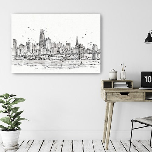 Homeroots Monochrome City Skyline Sketch Unframed Print Wall Art  Polyester 399077