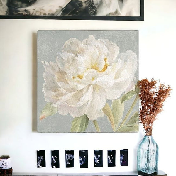 Homeroots Angelic White Peony Flower Unframed Print Wall Art  Polyester 399081
