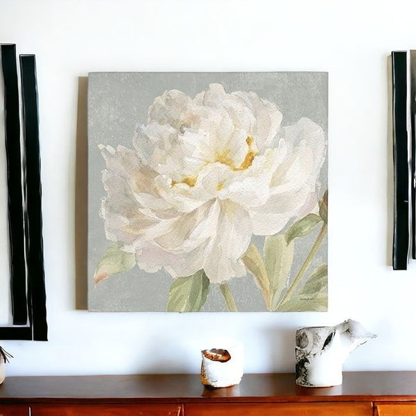 Homeroots Angelic White Peony Flower Unframed Print Wall Art  Polyester 399082