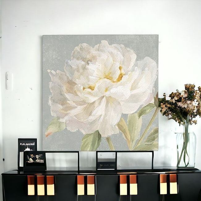 Homeroots Angelic White Peony Flower Unframed Print Wall Art  Polyester 399083