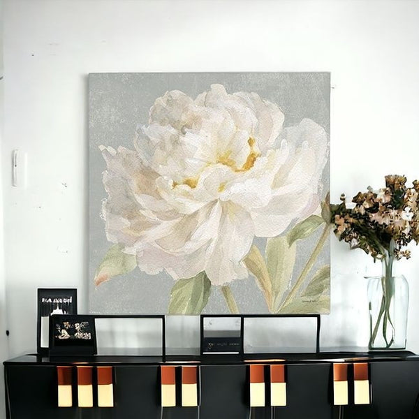 Homeroots Angelic White Peony Flower Unframed Print Wall Art  Polyester 399083