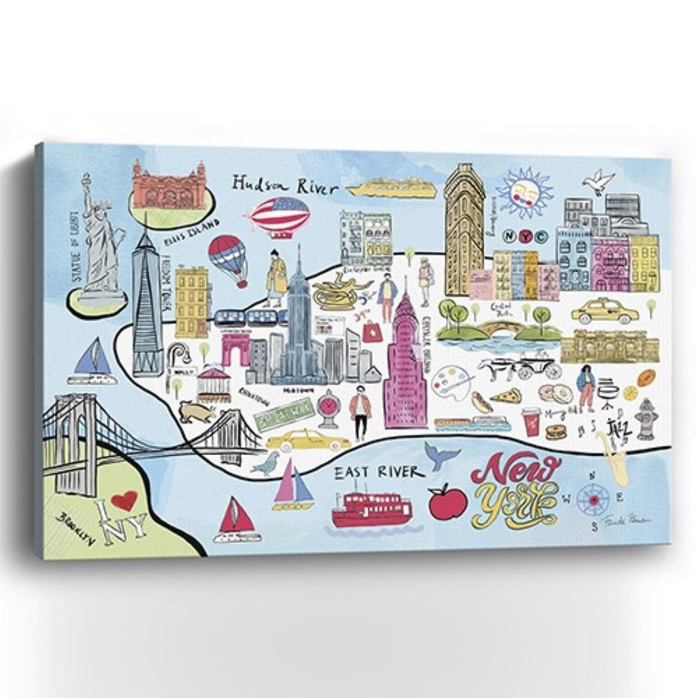 HomeRoots Fun Illustrated NYC Map Canvas Print - Vibrant Wall Art for Modern Living Spaces and Offices 16"x24" 399100
