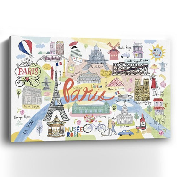 HomeRoots Fun Illustrated Paris Map Canvas Print Wall Art – Stylish Home Décor with Iconic Landmarks & Charm 24"x36" 399104