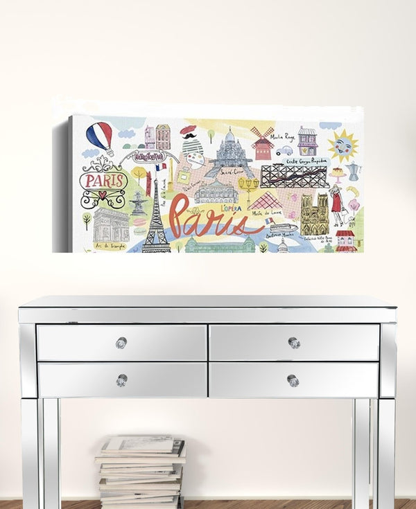HomeRoots Fun Illustrated Paris Map Canvas Print Wall Art – Stylish Home Décor with Iconic Landmarks & Charm 24"x36" 399104