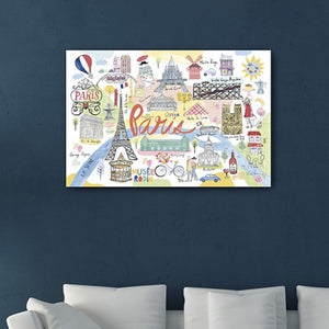 HomeRoots Fun Illustrated Paris Map Canvas Print Wall Art – Stylish Home Décor with Iconic Landmarks & Charm 32"x48" 399105