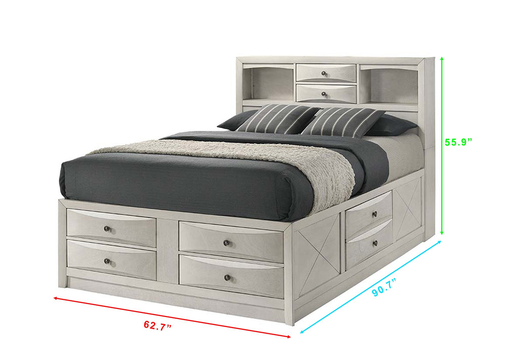 English Elm 1Pc Queen Bed With Integrated Shelving & Storage Drawers – Modern White Finish For Clutter-Free Living B2741S00149