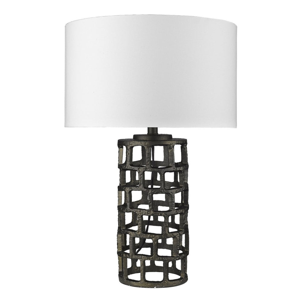 HomeRoots 26" Modern Black Metal Column Table Lamp with White Drum Shade for Stylish Home Lighting Solutions 399139