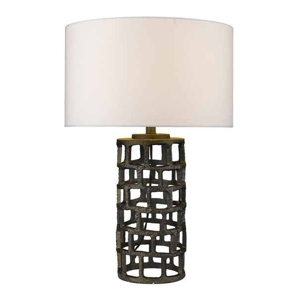 HomeRoots 26" Modern Black Metal Column Table Lamp with White Drum Shade for Stylish Home Lighting Solutions 399139
