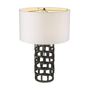 HomeRoots 26" Modern Black Metal Column Table Lamp with White Drum Shade for Stylish Home Lighting Solutions 399139