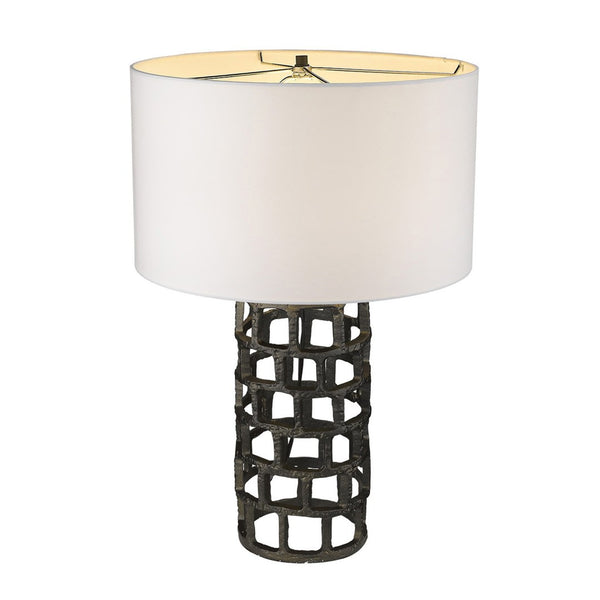 HomeRoots 26" Modern Black Metal Column Table Lamp with White Drum Shade for Stylish Home Lighting Solutions 399139
