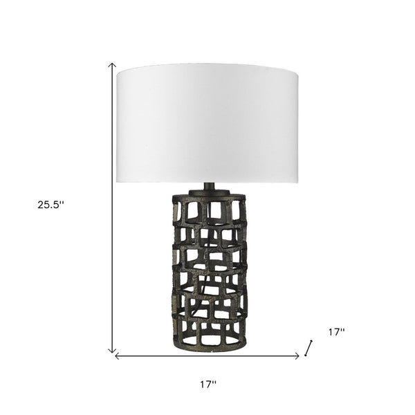 HomeRoots 26" Modern Black Metal Column Table Lamp with White Drum Shade for Stylish Home Lighting Solutions 399139
