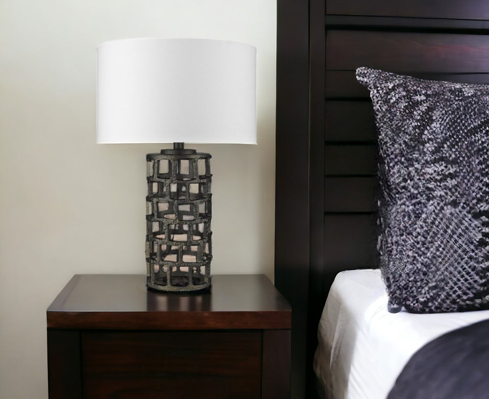 HomeRoots 26" Modern Black Metal Column Table Lamp with White Drum Shade for Stylish Home Lighting Solutions 399139