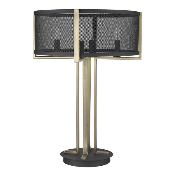 Homeroots 25" Brass Metal Four Light Geometric Table Lamp With Black Drum Shade   399147