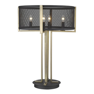Homeroots 25" Brass Metal Four Light Geometric Table Lamp With Black Drum Shade   399147