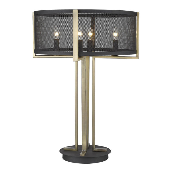 Homeroots 25" Brass Metal Four Light Geometric Table Lamp With Black Drum Shade   399147