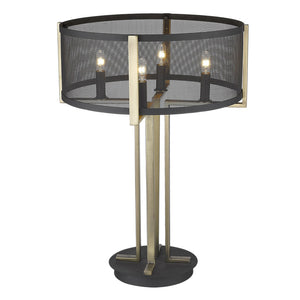 Homeroots 25" Brass Metal Four Light Geometric Table Lamp With Black Drum Shade   399147