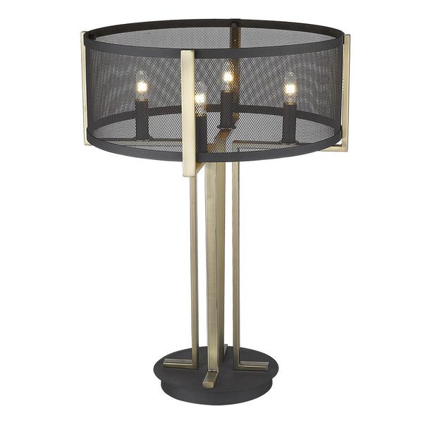 Homeroots 25" Brass Metal Four Light Geometric Table Lamp With Black Drum Shade   399147