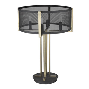 Homeroots 25" Brass Metal Four Light Geometric Table Lamp With Black Drum Shade   399147