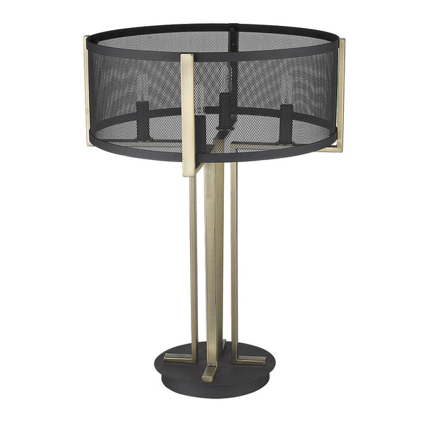 Homeroots 25" Brass Metal Four Light Geometric Table Lamp With Black Drum Shade   399147