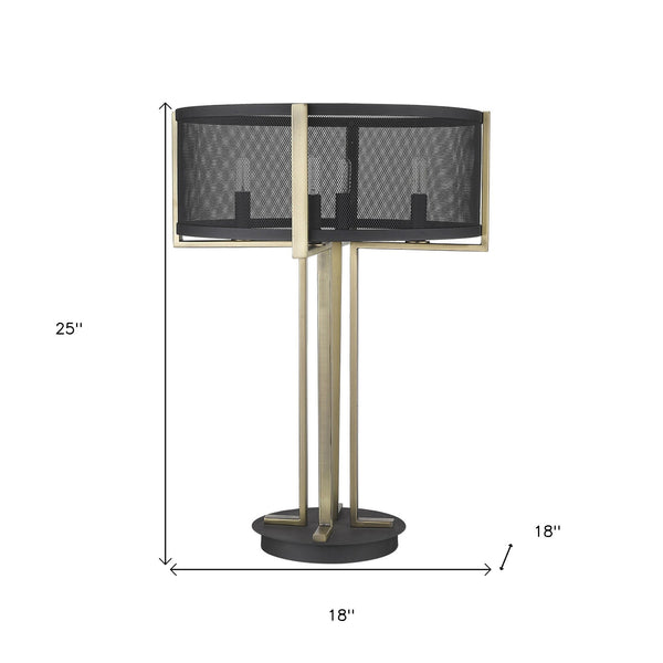 Homeroots 25" Brass Metal Four Light Geometric Table Lamp With Black Drum Shade   399147
