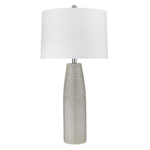 HomeRoots 33" Light Gray Ceramic Table Lamp with Chic White Drum Shade for Stylish Home Décor & Ambient Lighting 399161