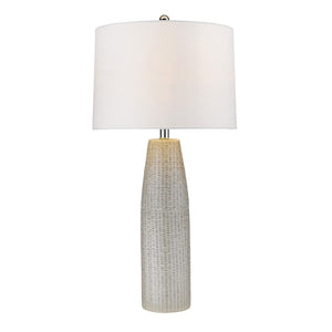 HomeRoots 33" Light Gray Ceramic Table Lamp with Chic White Drum Shade for Stylish Home Décor & Ambient Lighting 399161