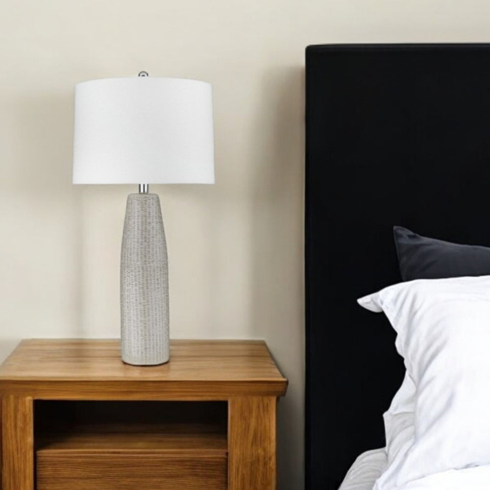 HomeRoots 33" Light Gray Ceramic Table Lamp with Chic White Drum Shade for Stylish Home Décor & Ambient Lighting 399161