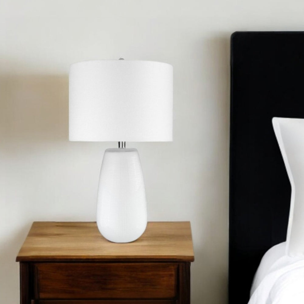 HomeRoots 28" White Glass Table Lamp - Modern Drum Shade for Elegant Ambient Lighting in Any Room 399163