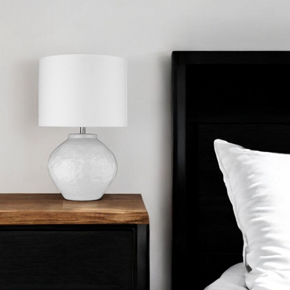HomeRoots 26" White Ceramic Table Lamp - Elegant Drum Shade for Ambient Lighting in Home Décor Spaces 399177