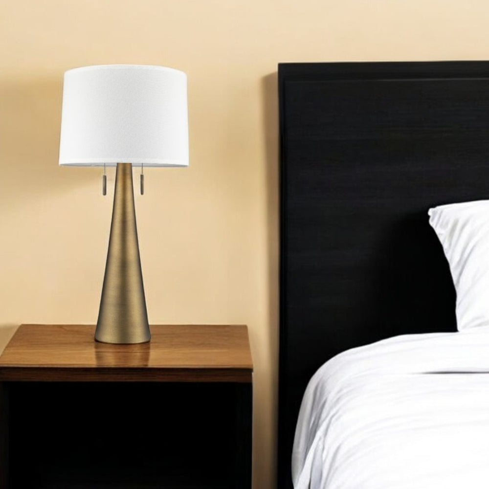 HomeRoots 34" Brass Metal Two-Light Table Lamp with Elegant Off-White Shade for Stylish Ambient Lighting 399184