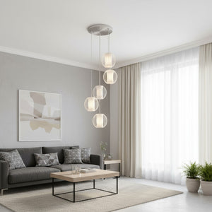 HomeRoots Five Modern Hanging Globe Light Fixture with Acrylic and Steel Shades for Contemporary Interiors 399197