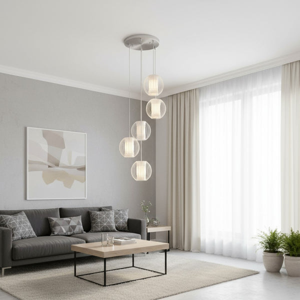 HomeRoots Five Modern Hanging Globe Light Fixture with Acrylic and Steel Shades for Contemporary Interiors 399197