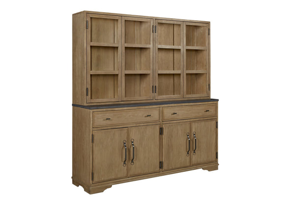 English Elm 2 Piece Cabinet Hutch and Buffet Cashew — Solid Wood + MDF, Concrete Top, Framed Glass Display, Ample Storage Light Tan 75.25 L x 22.75 W x 42 H B2699S00094
