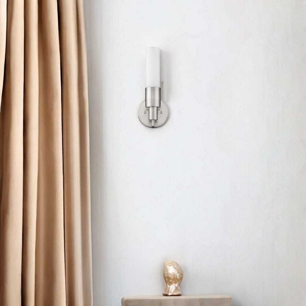 HomeRoots Silver Modern Narrow Wall Sconce with Frosted Glass Shade – Stylish Brushed Nickel Lighting Fixture 399210