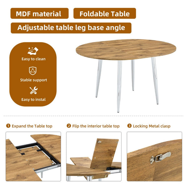 English Elm Table Set Extendable Round to Oval Wood Grain Top with Four White Pu Dining Chairs W1151S03962