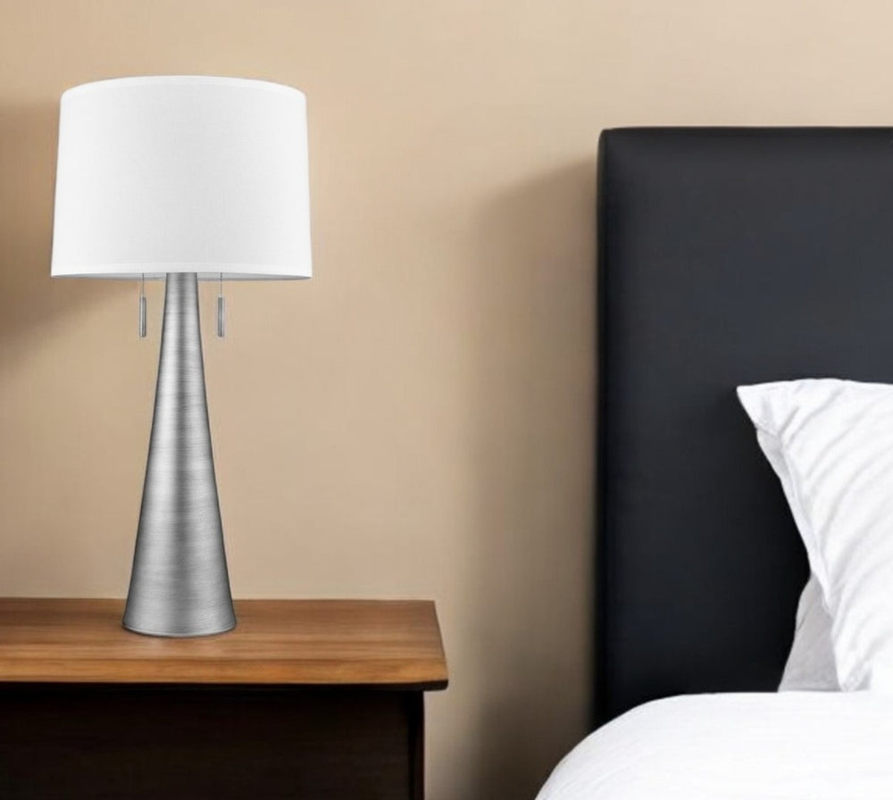 HomeRoots 34" Silver Metal Two-Light Table Lamp with White Shade – Industrial Elegance for Any Space 399233