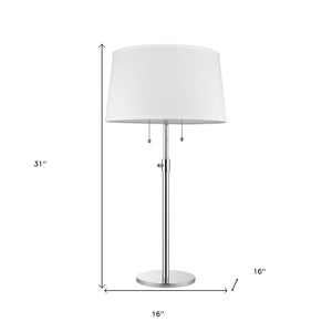 HomeRoots 31" Adjustable Two-Light Silver Metal Table Lamp with White Empire Shade for Modern Spaces 399234