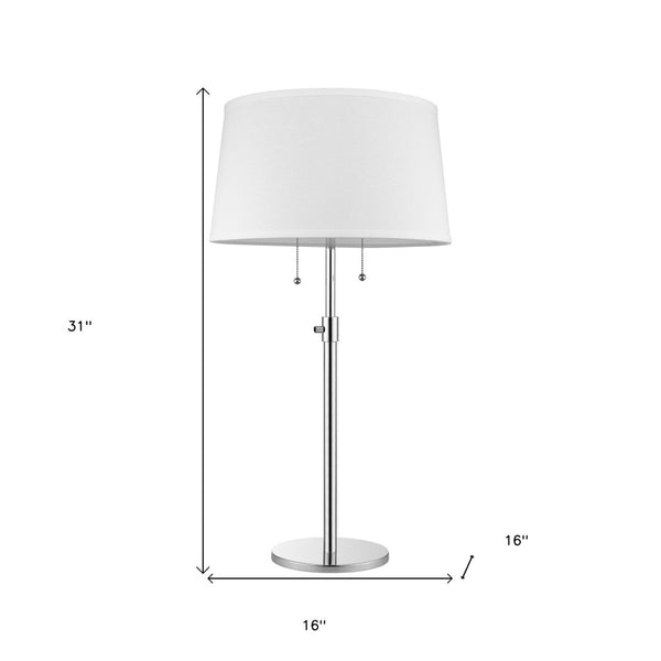 HomeRoots 31" Adjustable Two-Light Silver Metal Table Lamp with White Empire Shade for Modern Spaces 399234