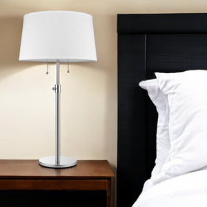 HomeRoots 31" Adjustable Two-Light Silver Metal Table Lamp with White Empire Shade for Modern Spaces 399234
