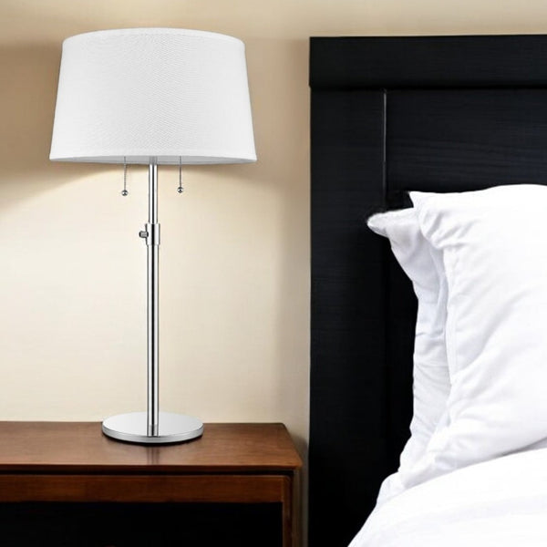 HomeRoots 31" Adjustable Two-Light Silver Metal Table Lamp with White Empire Shade for Modern Spaces 399234